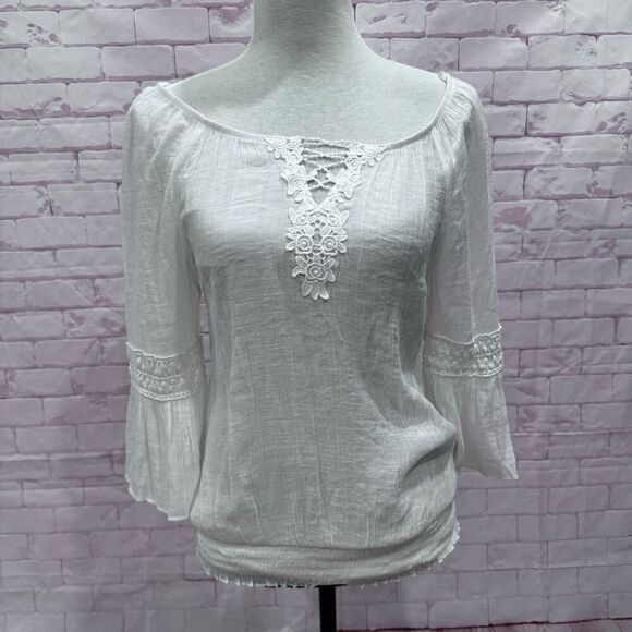 White Lace Peasant Top Blouse 3/4 Sleeve Bohemian Off Shoulder Casual - Picture 1 of 10